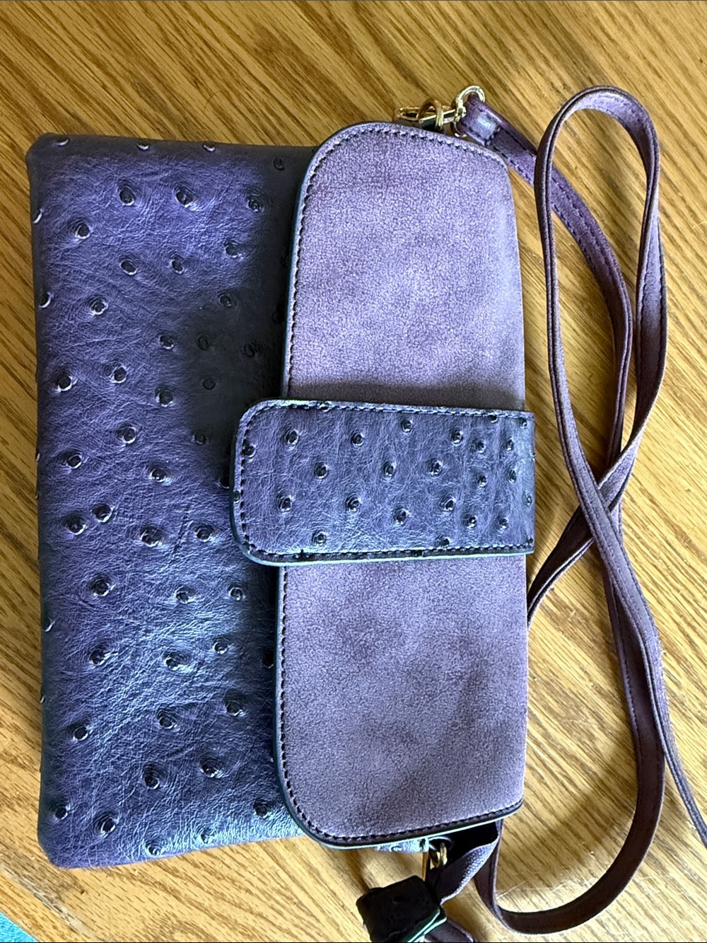 Purple Ostrich-Texture Crossbody with adjustable strap, used twice